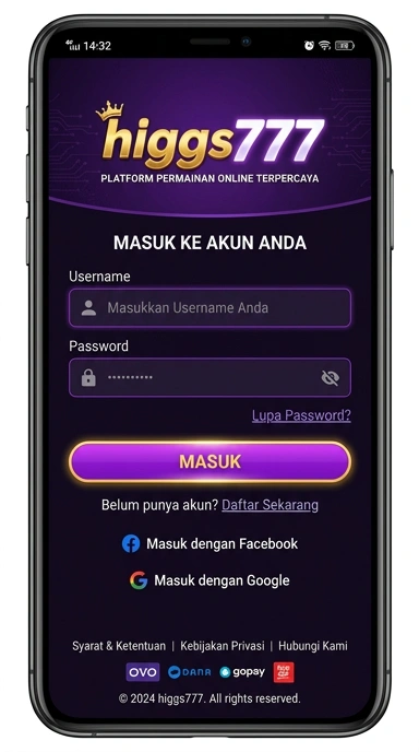 Tampilan halaman login higgs777